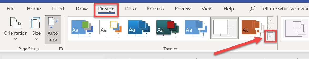 Design tab is active and outlined with the themes section outlined and the more options icon arrowed to