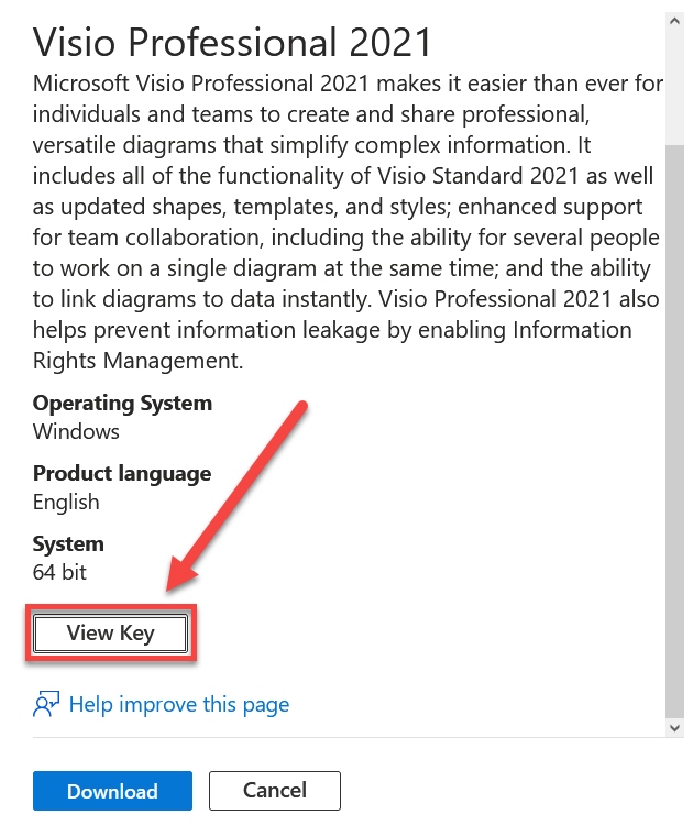 View Key button outlined and arrowed lettered A, followed by Product key field outlined copy icon arrowed lettered B