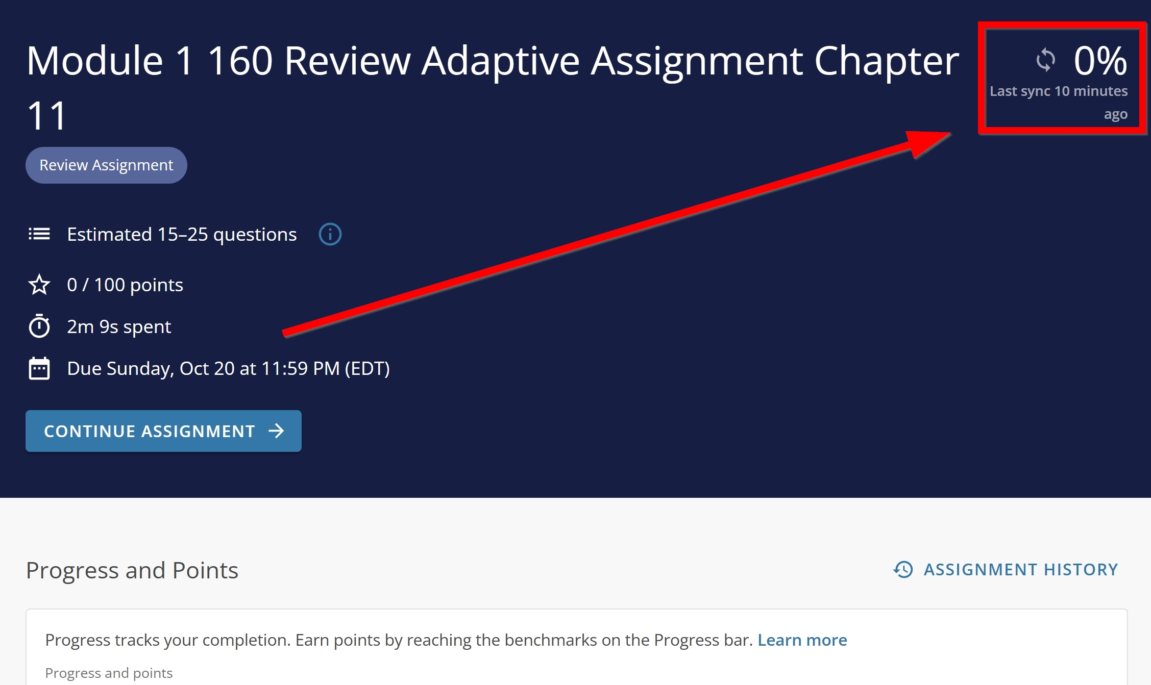 Adaptive Practice Assignment Progress percent and sync status outlined and arrowed to