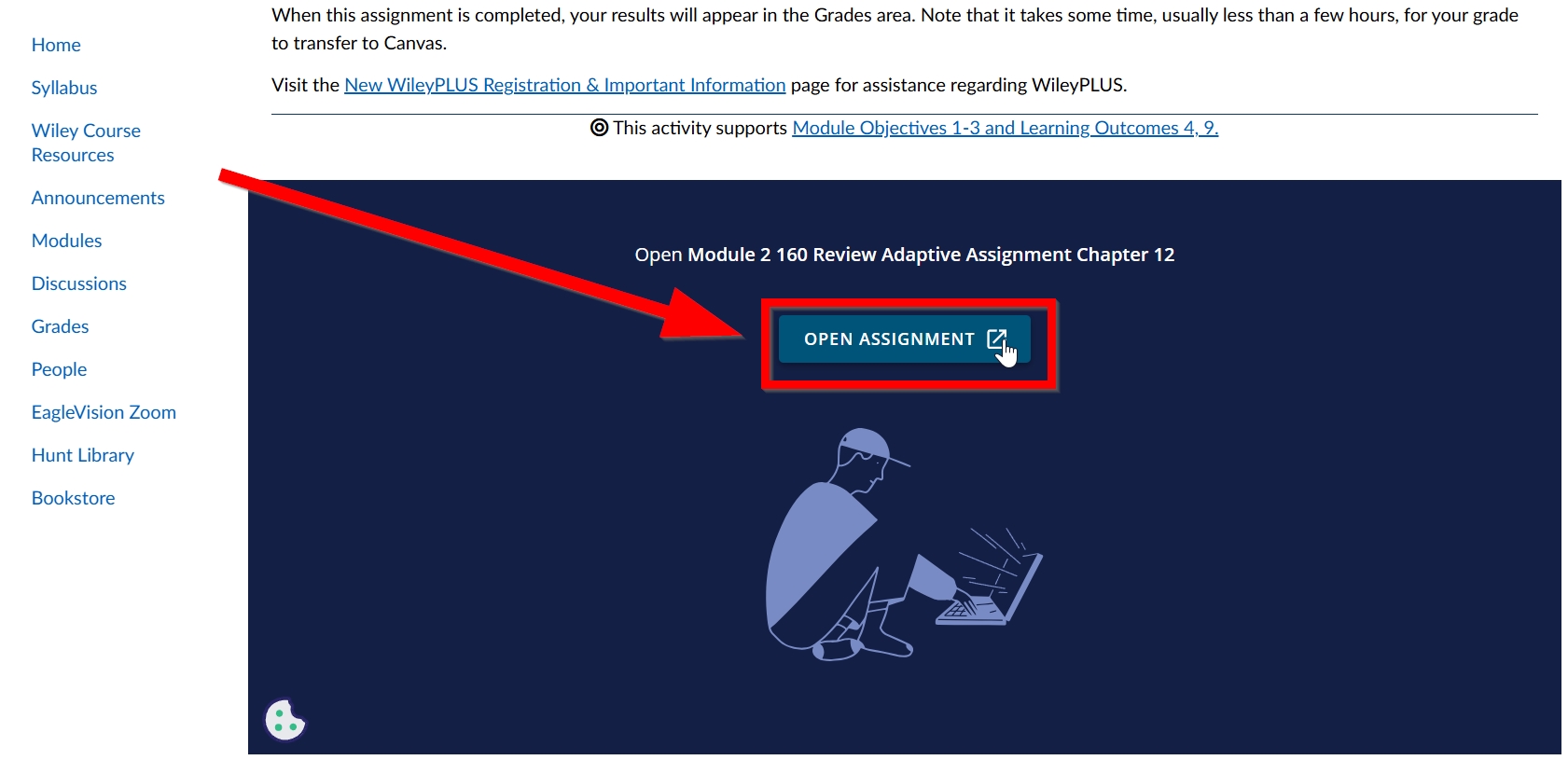 In New WileyPLUS assignment canvas interface select Open Assignment outlined and arrowed to