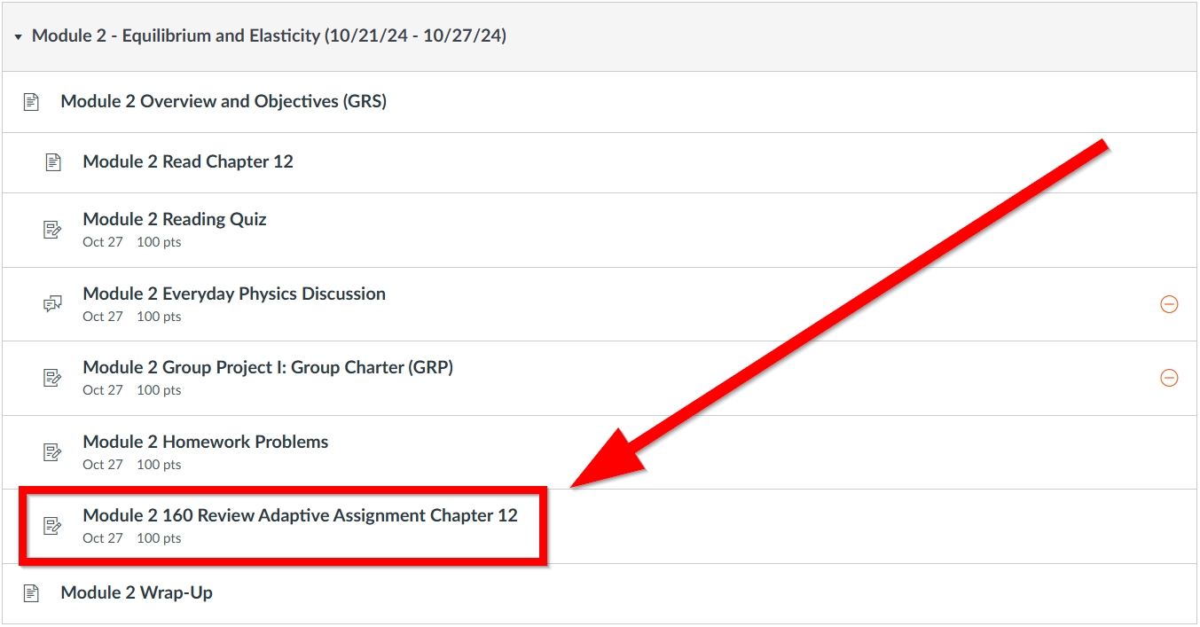 Select a WileyPLUS assignment from canvas modules outlined and arrowed to