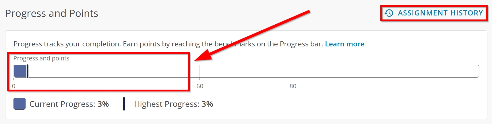Adaptive Practice Assignment Progress bar/points and assignment history outlined and arrowed to