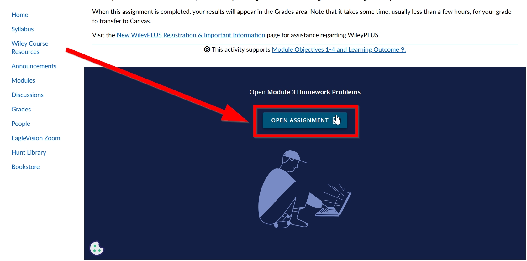 In New WileyPLUS assignment canvas interface select Open Assignment outlined and arrowed to
