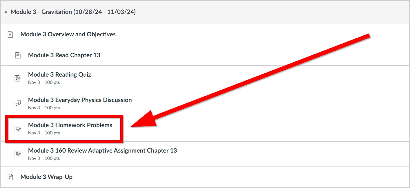 Select a WileyPLUS assignment from canvas modules outlined and arrowed to
