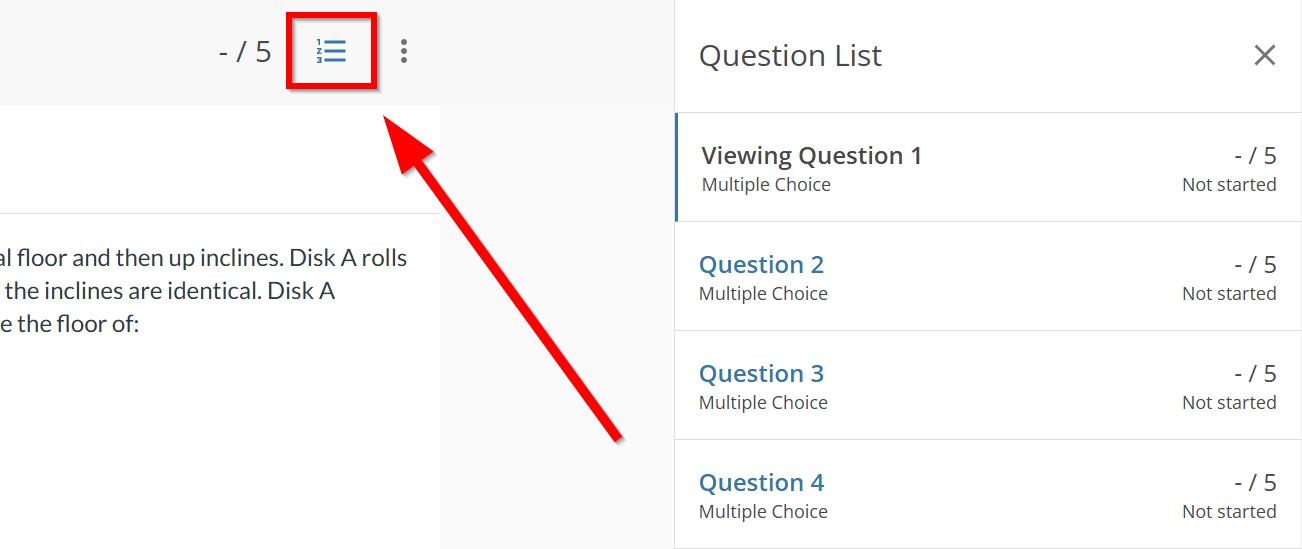 Question navigation icon outlined and arrowed to
