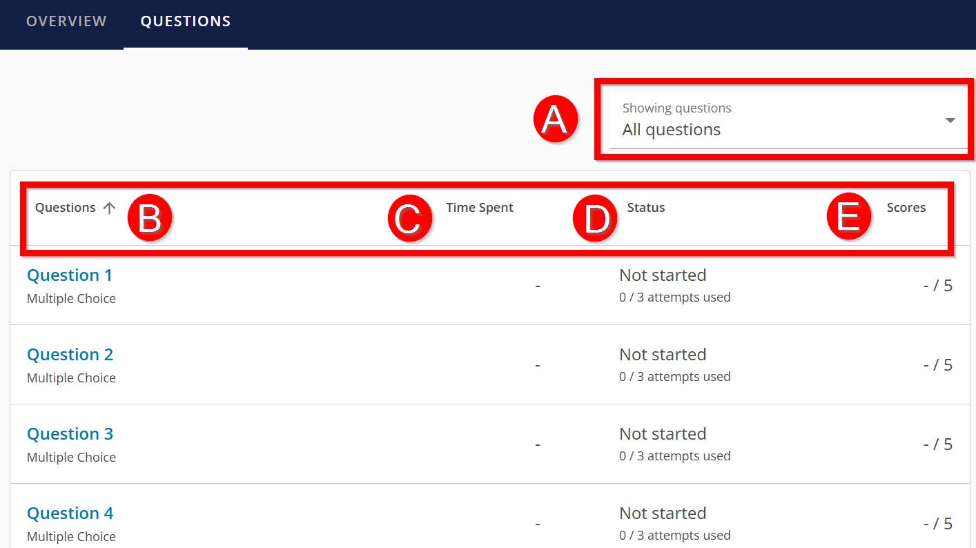 Different Question Tab features outlined and labeled A through E