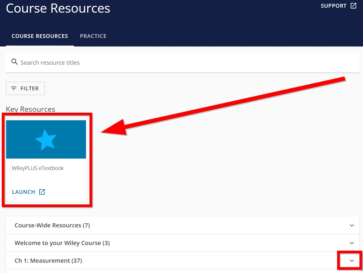 Additional course resources with direct e-textbook access outlined and arrowed to