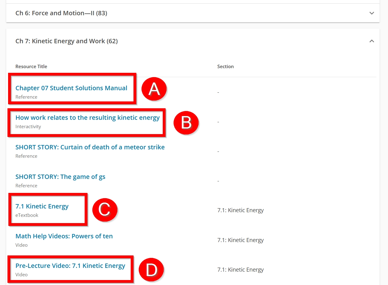 Additional Course Resources in specific chapter outlined and labeled A through D