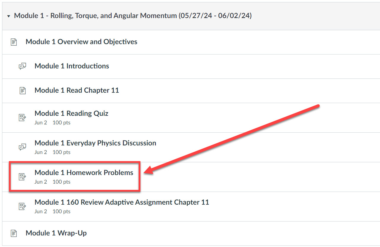 Select a WileyPLUS assignment from canvas modules outlined and arrowed to