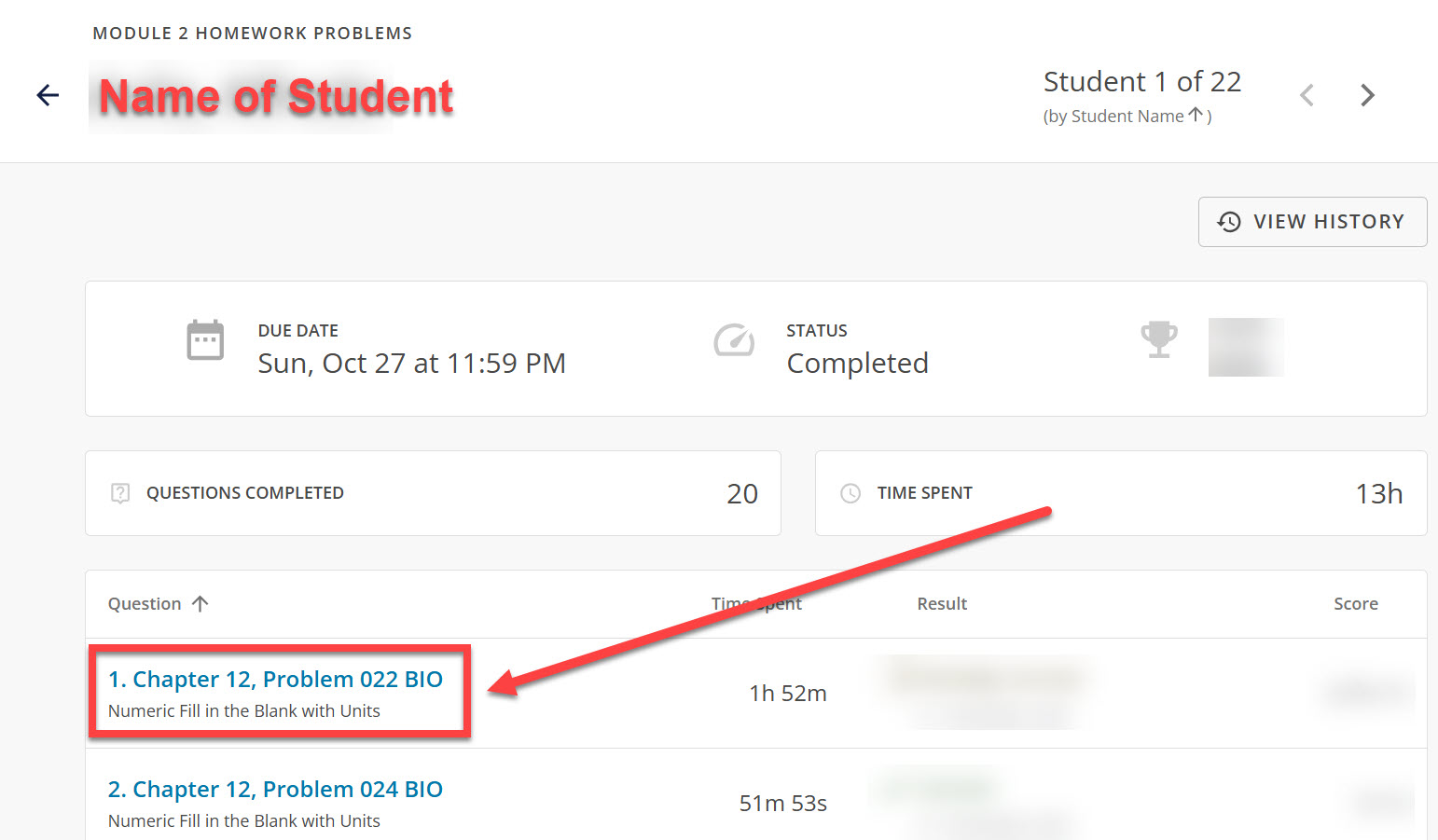 View individual student question responses outlined and arrowed to