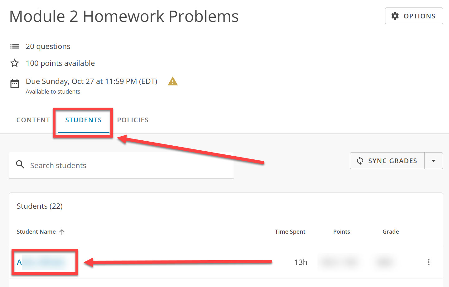 In New WileyPLUS assignment select Students tab, outlined and arrowed to, then select a individual student outlined and arrowed to