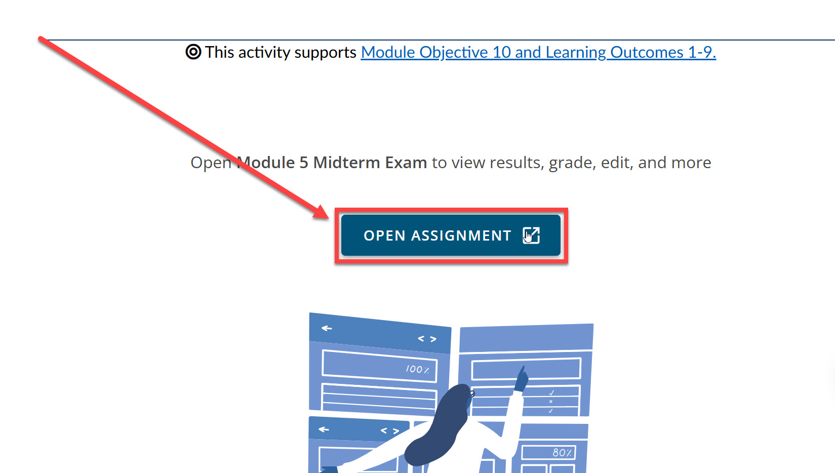 In New WileyPLUS assignment canvas interface select Open Assignment outlined and arrowed to