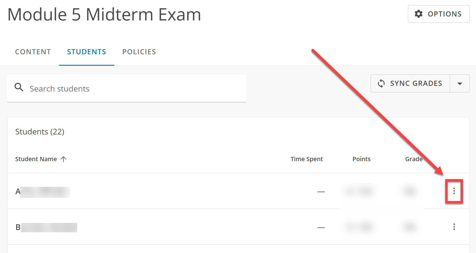Select the three vertical dots next to a students name for more options outlined and arrowed to