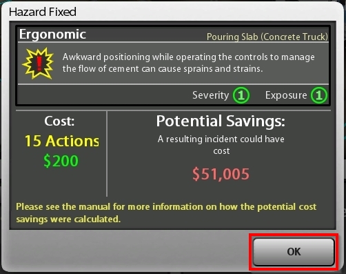 Hazard Fixed notification screen with cost of fix and potential savings of fix, select OK when finished outlined