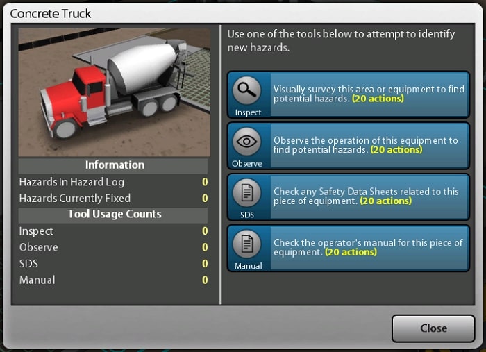 Investigate hazards of a piece of equipment with Information, Tool Usage Counts and Identification tools available