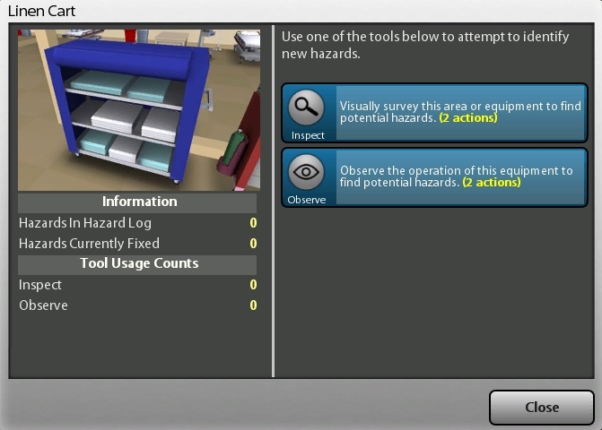 Investigate hazard as owner of a piece of equipment with Information, Tool Usage Counts and Identification tools available