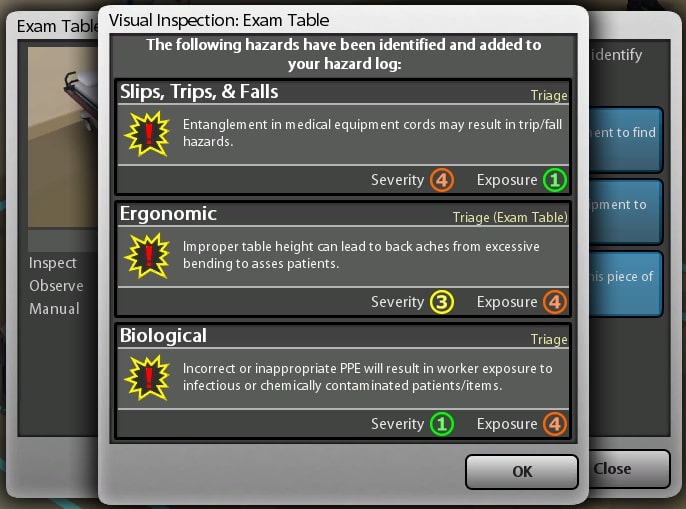 Hazards found with information, select OK to continue identifying hazards, select close to exit piece of equipment