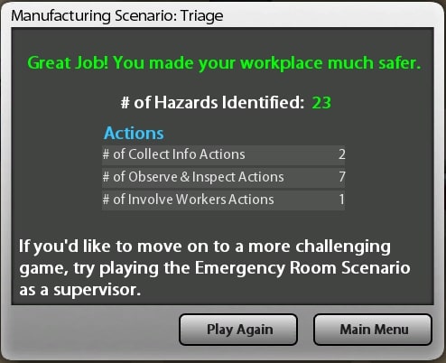 Hazards identified summary with option to Play Again or to return to Main Menu