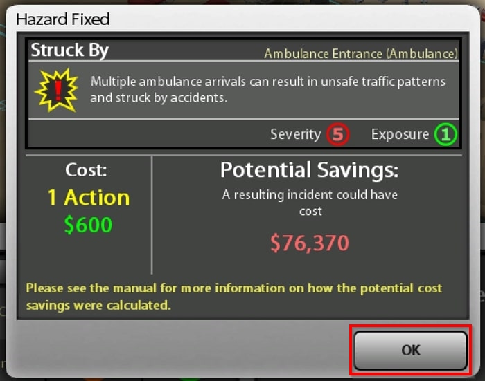 Hazard Fixed notification screen with cost of fix and potential savings of fix, select OK when finished outlined