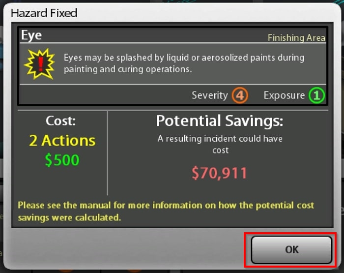 Hazard Fixed notification screen with cost of fix and potential savings of fix, select OK when finished outlined