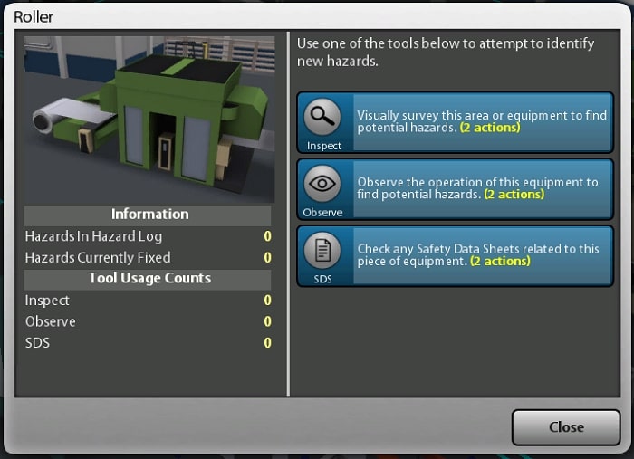 Investigate hazard as owner of a piece of equipment with Information, Tool Usage Counts and Identification tools available