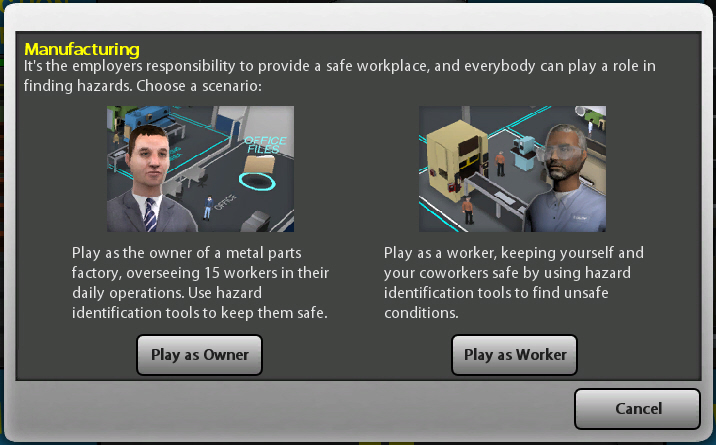 Select an option, play as owner or play as worker