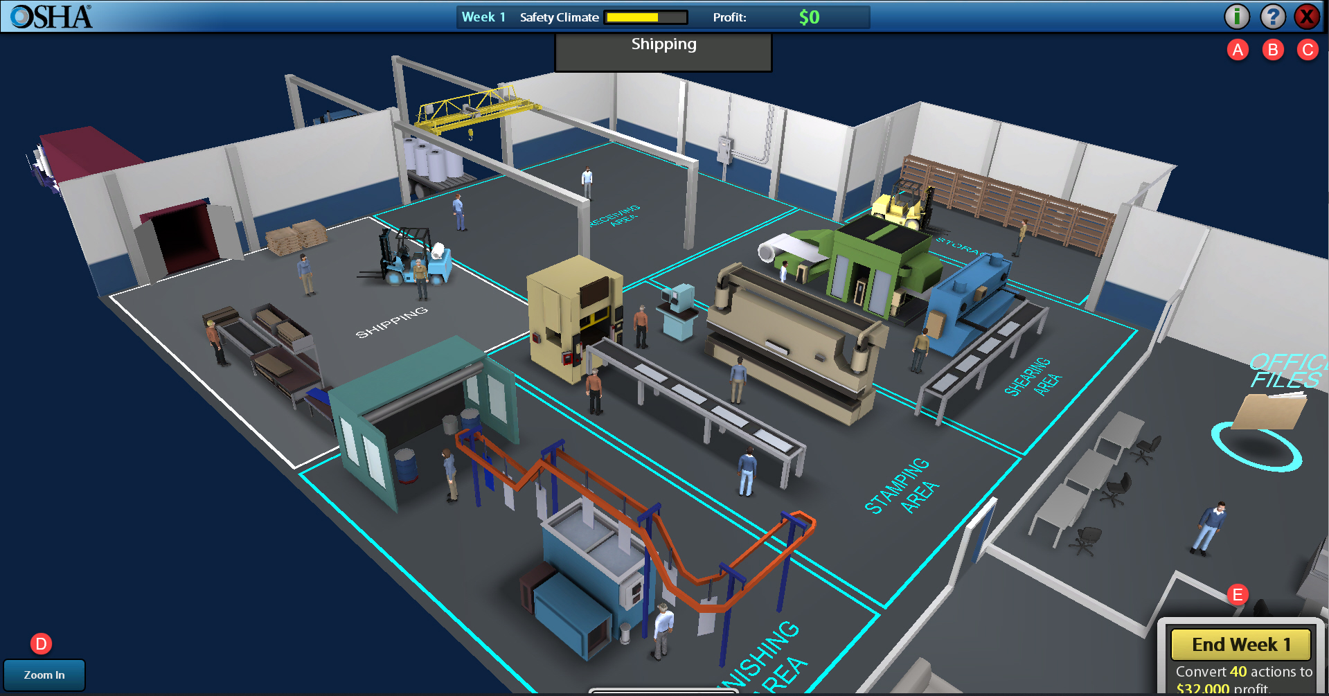 User buttons in the Manufacturing simulation labeld A through E