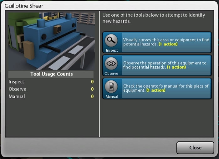 Investigate hazard as a worker of a piece of equipment with Tool Usage Counts and Identification tools available
