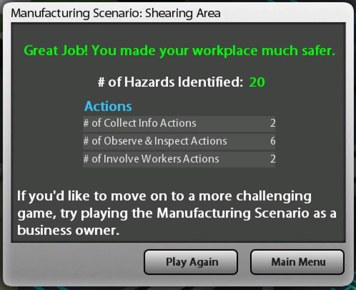 Hazards identified summary with option to Play Again or to return to Main Menu