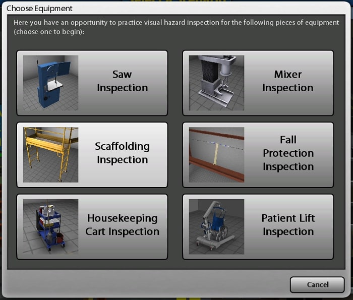 Select equipment popup in OSHA Visual Inspection Simulation