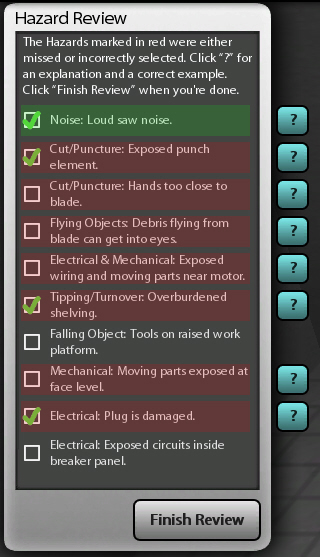 Hazard list review for accuracy, with learn more question marks available