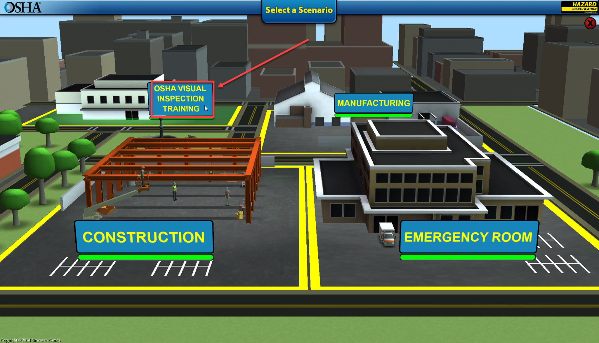 Select the OSHA Visual Inspection Training in the OSHA Hazard Identification Training Tool outlined and arrowed to