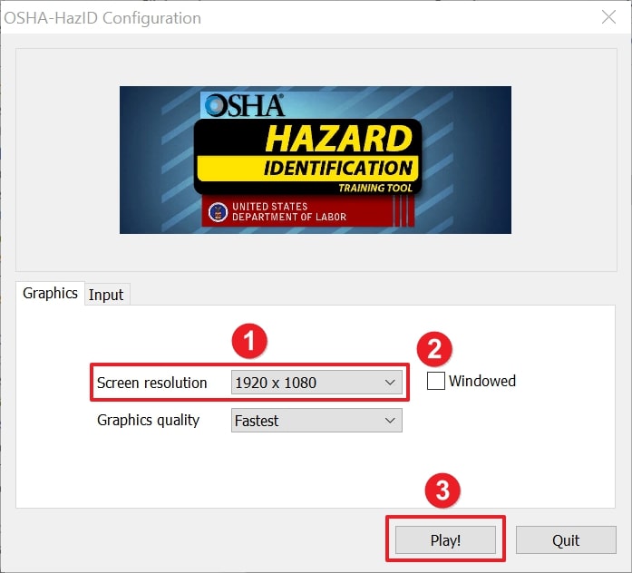 Enter the Screen Resolution outlined labeled 1, uncheck the windowed box labeled 2, then select play outlined and labeled 3