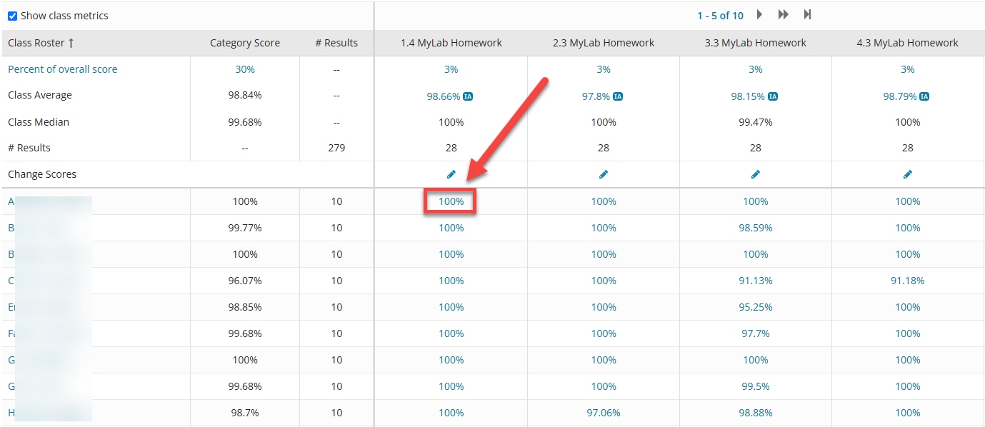 Select a student grade under associated assignment to review, outlined and arrowed to