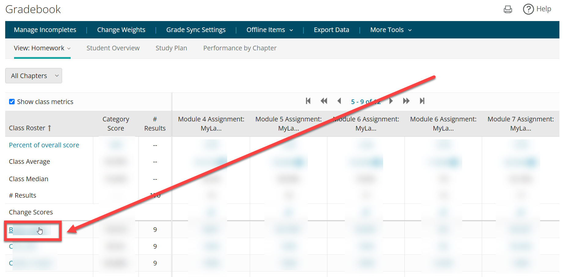 Select name of student to view from the class roster, outlined and arrowed to