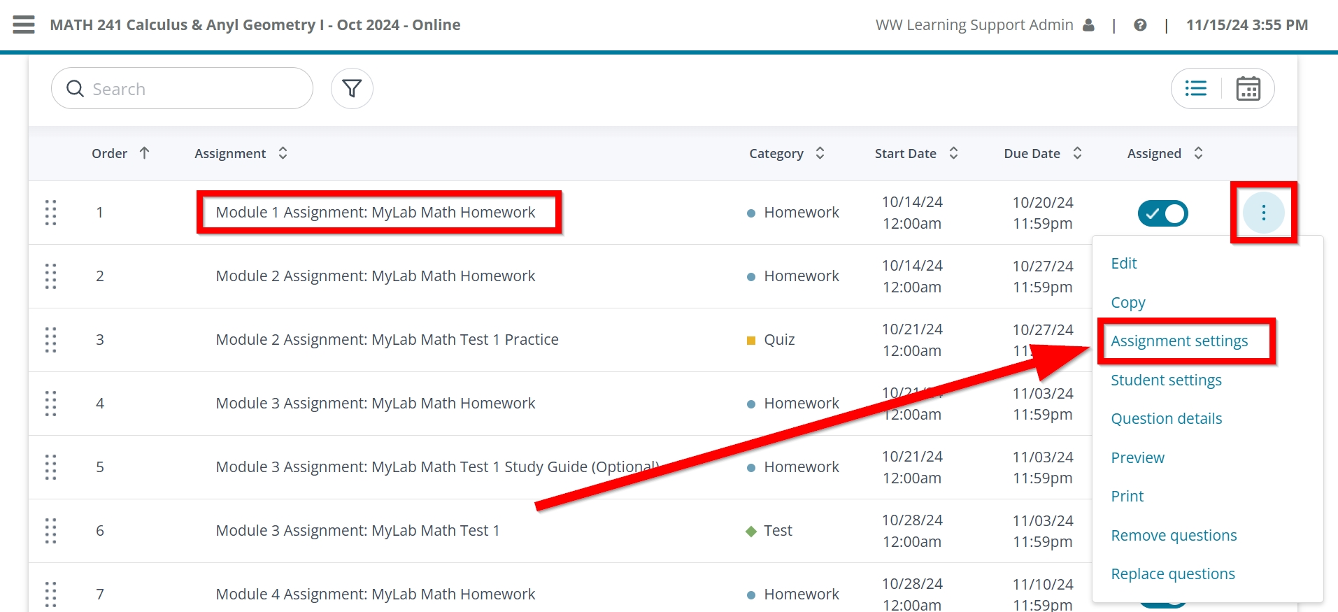 Select Assignment settings, outlined and arrowed to, after selecting the vertical elipses, outlined for the assignment choosen, outlined