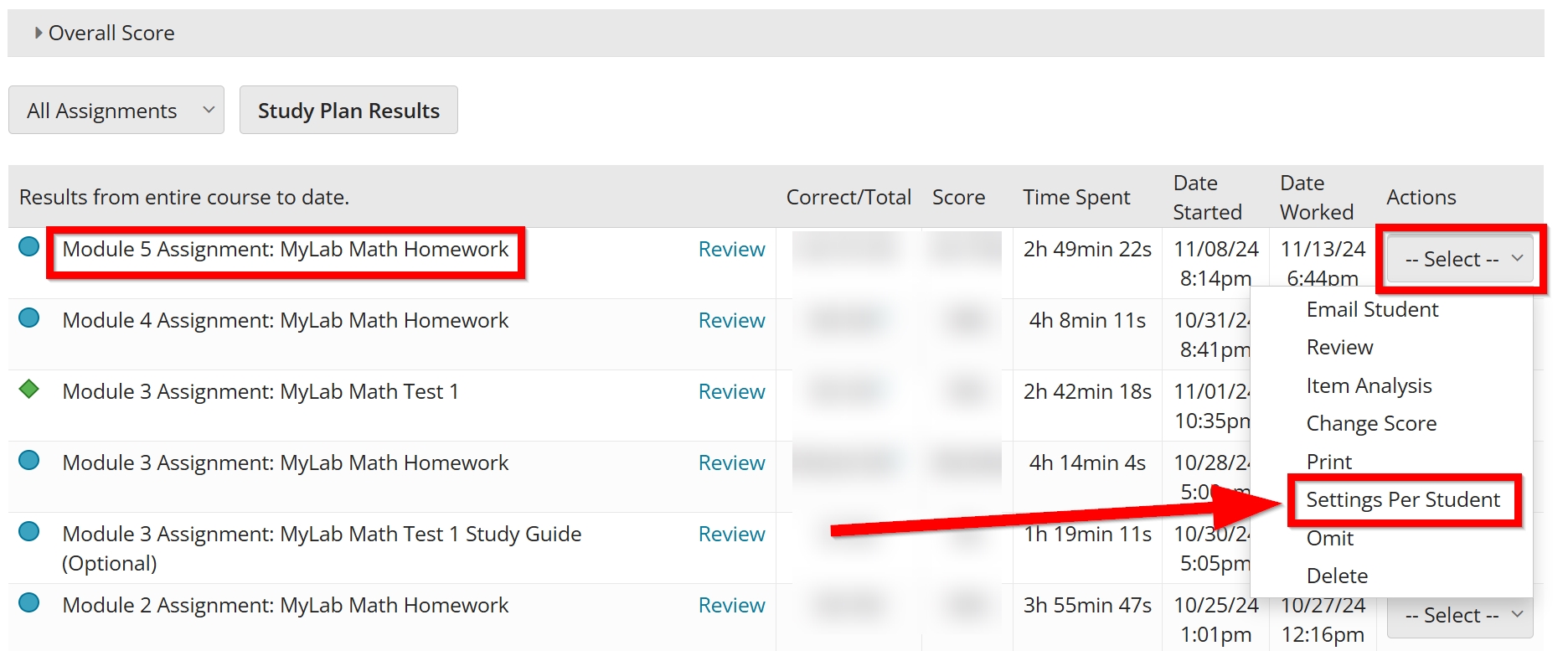 Select Settings Per Student, outlined and arrowed to under the Actions dropdown, outlined, relating to selected assignment, outlined