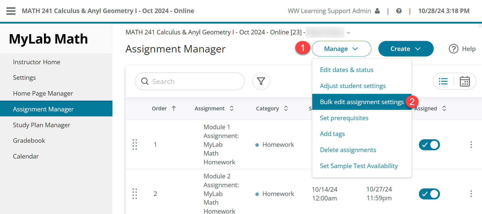 Select Manage, labeled one, then select Bulk edit assigment settings labeled 2