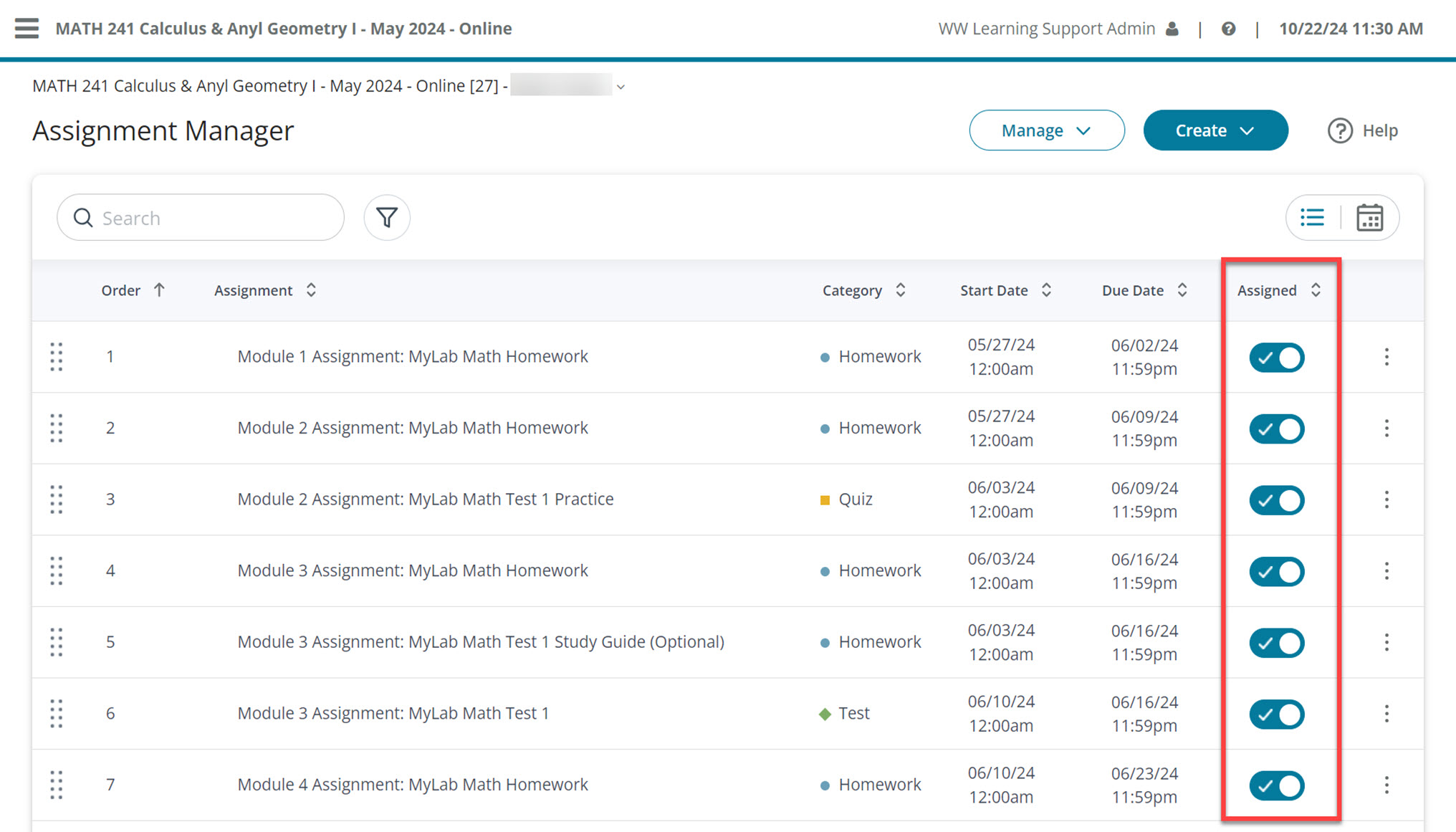 Assignment manager page that should reflect all assignments being assigned with a check (✓) mark