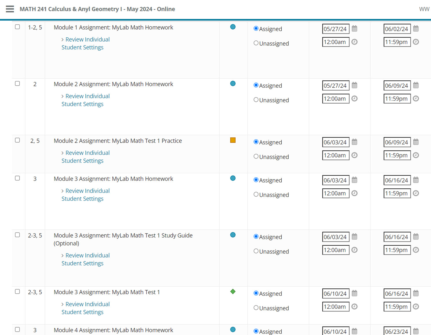 Example of assignments due dates page with different types of assignments