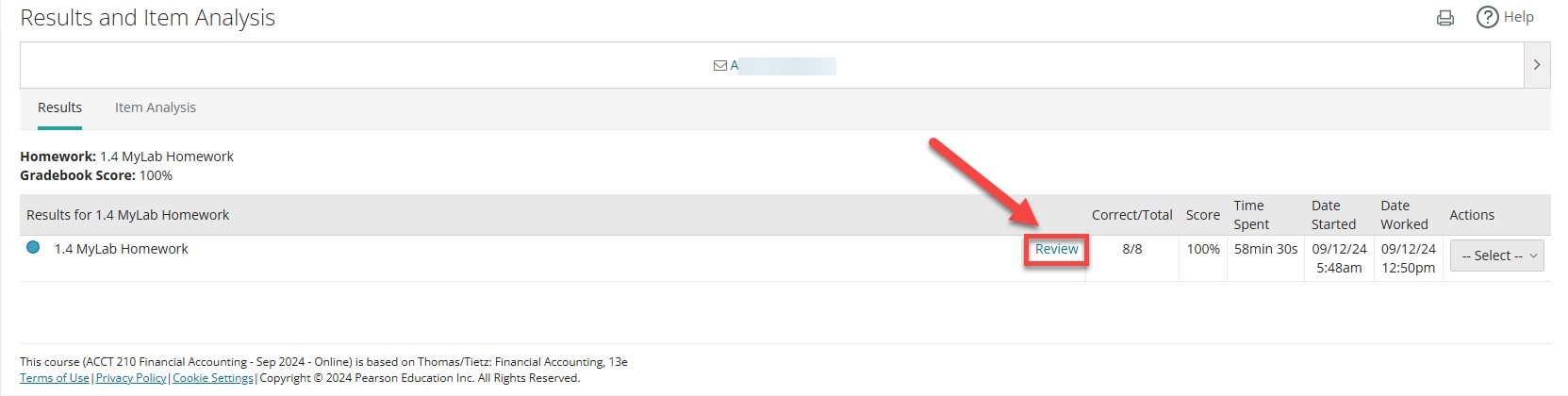 Select Review, outlined and arrowed to, next to associated assignment