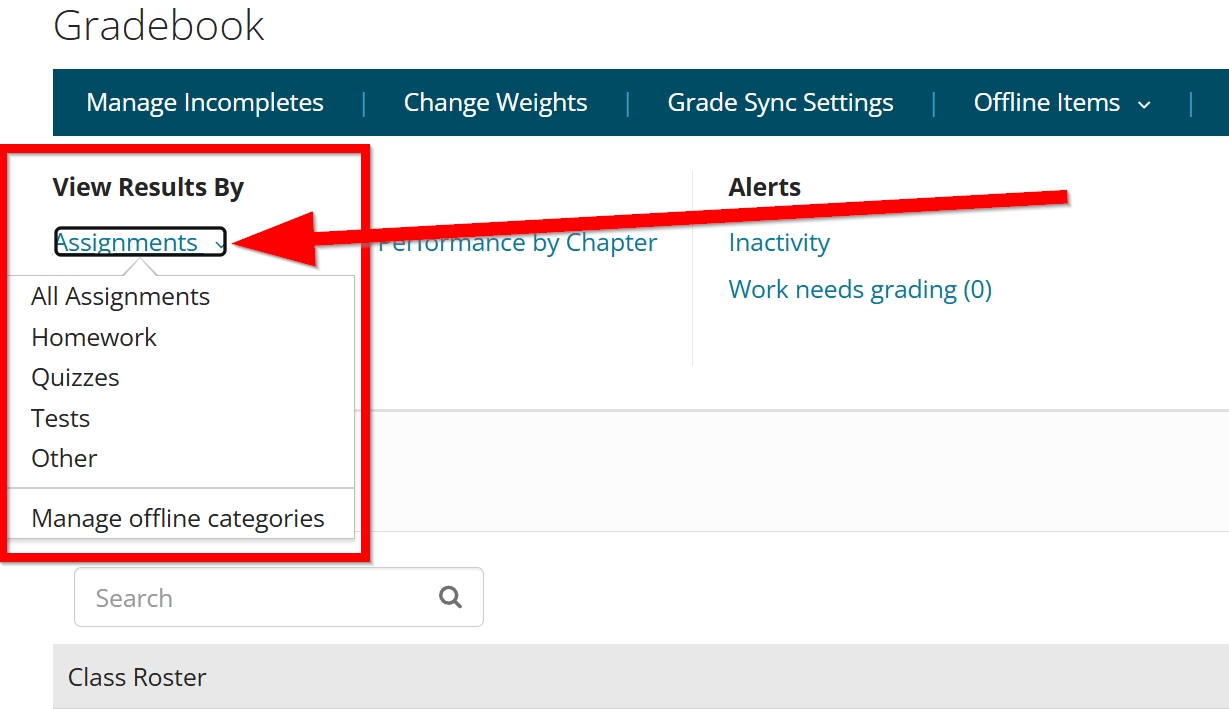 Select an assignment type from the View Results By dropdown menu outlined and arrowed to