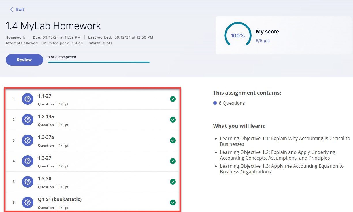 Select a completed question from the assignment, outlined, to review for partial credit