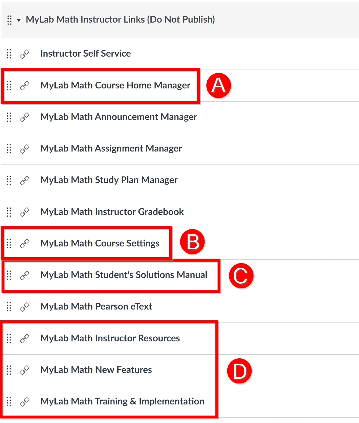 Specific course links for Instructors, outlined