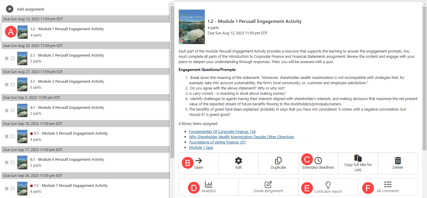 Edit assignment page for perusall instructor with different options labeled A through F