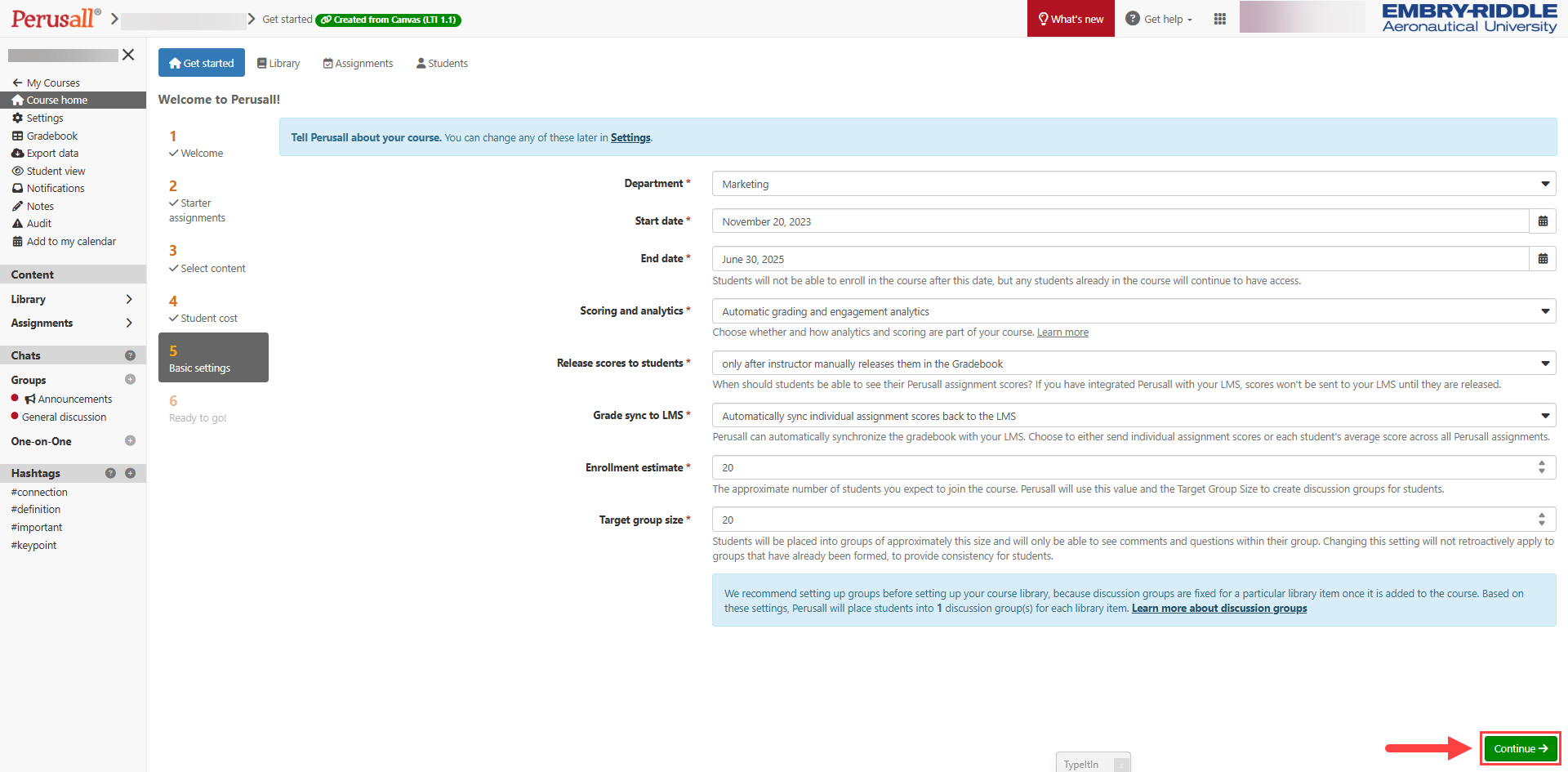 Perusall Basic Settings page with Continue highlighted for selection