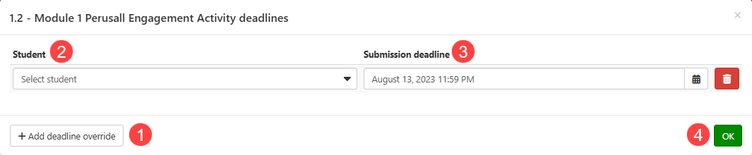 Instructor override deadline for student assignment with add deadline override labeled 1, chose student labeled 2, and new submission deadline labeled 3