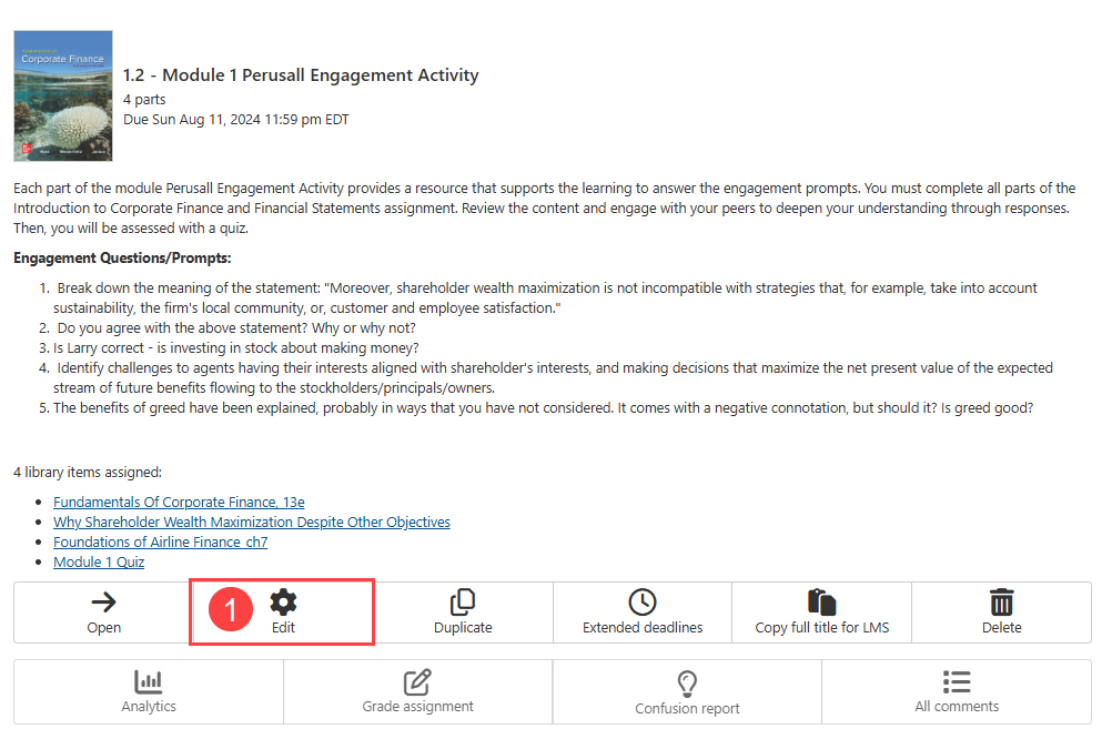 Edit assignment button outlined, arrowed and labeled 1