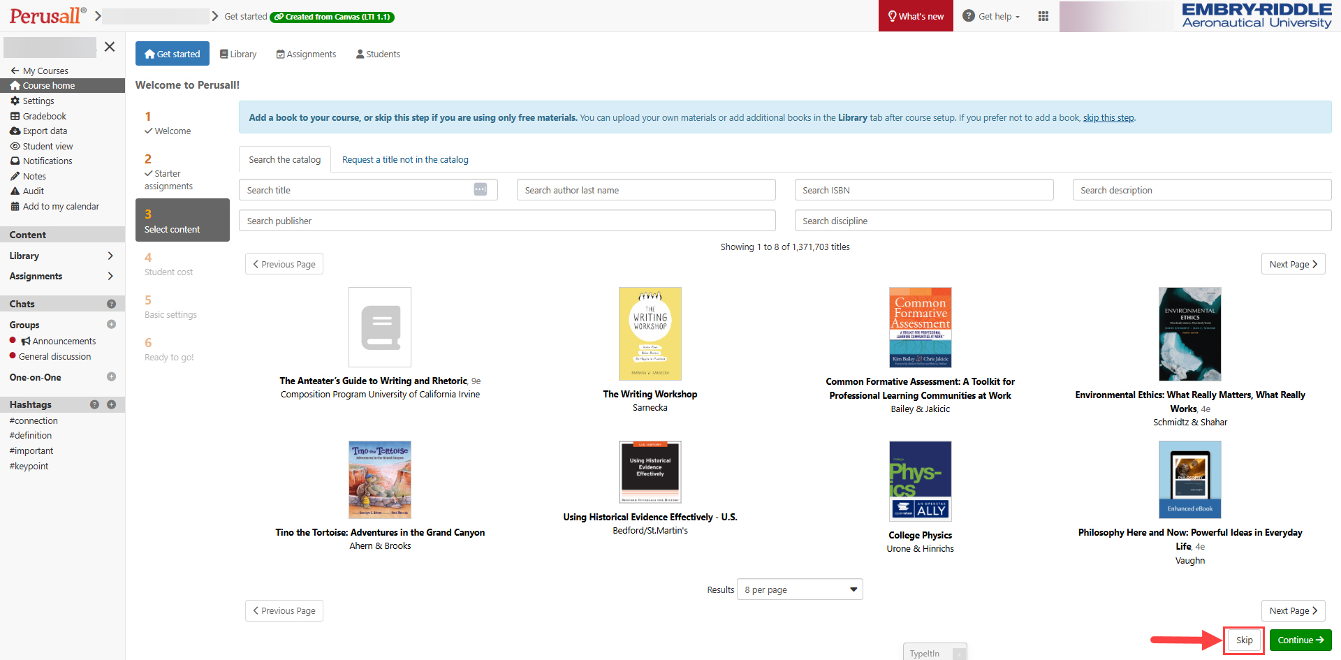 Perusall Select Content page with Continue highlighted for selection