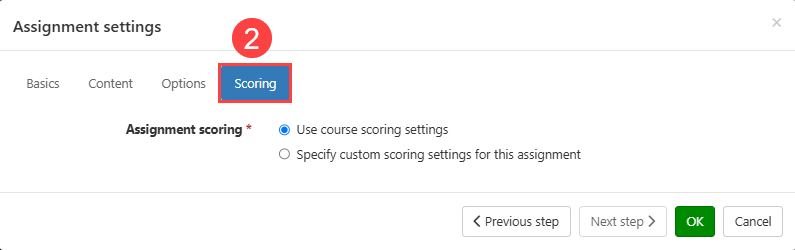 Scoring in assignment settings outlined, arrowed and labeled 2